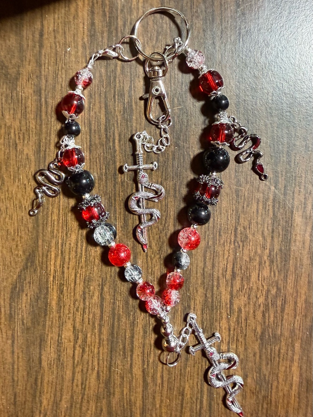 Red & Black Beaded Snake Charm Keychain Bracelet - Women Jewelry